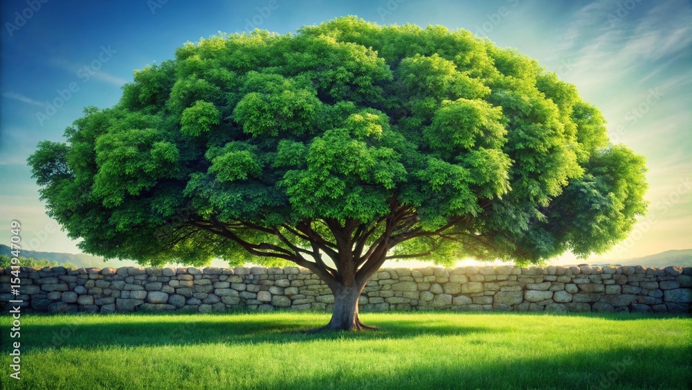 Fototapeta premium A Majestic Oak Tree in a Green Field with a Stone Wall
