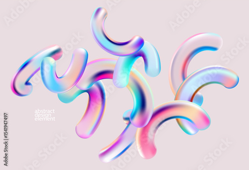 3D glass geometric shapes on light background. Colorful transparent arches and wavy lines.