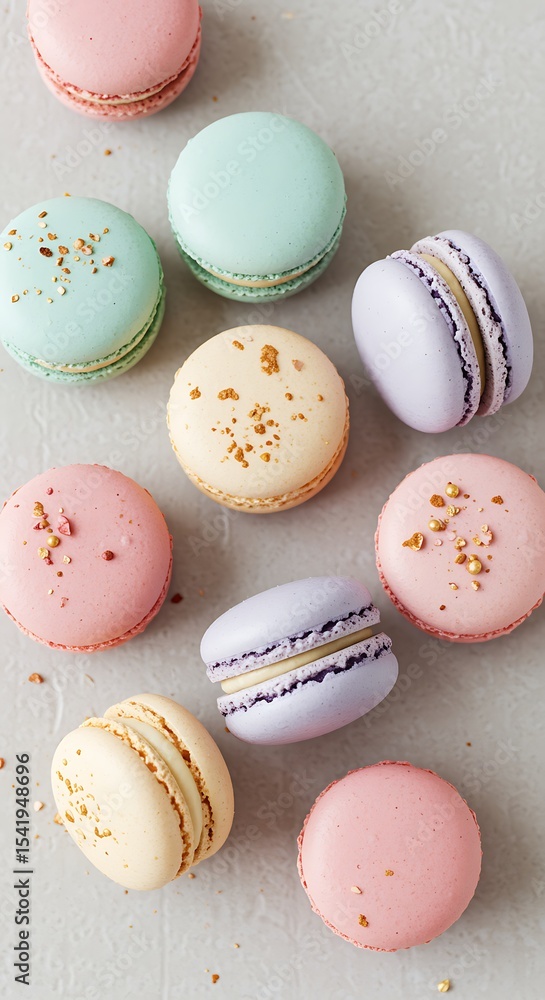 Fototapeta premium Pastel Macarons with Gold Accents on Gray Surface pink macarons