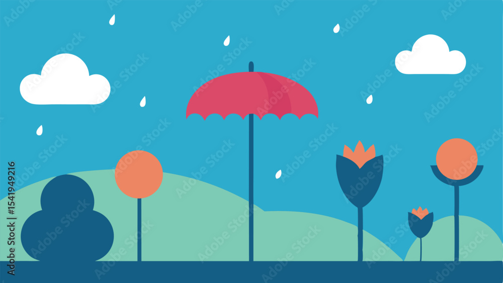 Fototapeta premium Colorful cartoon landscape depicting rain clouds umbrella and stylized flowers on transparency