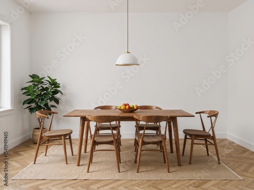 Simple pendant lighting over curved teak dining chairs set