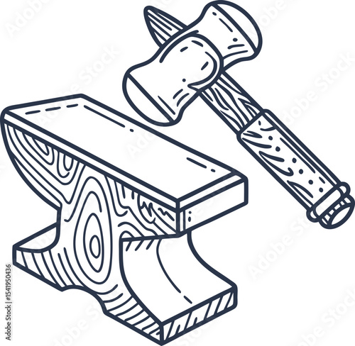 Blacksmith tools illustration anvil and hammer in rustic hand drawn style, vintage metalworking concept