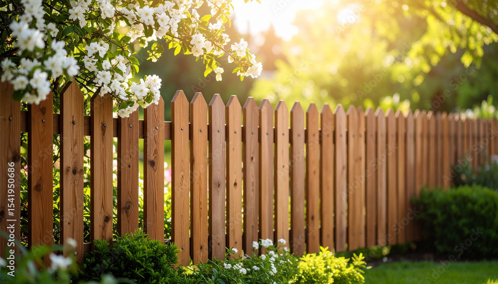 Fototapeta premium Rustic wooden fence in garden. Backyard with lush green plants. Summer season.
