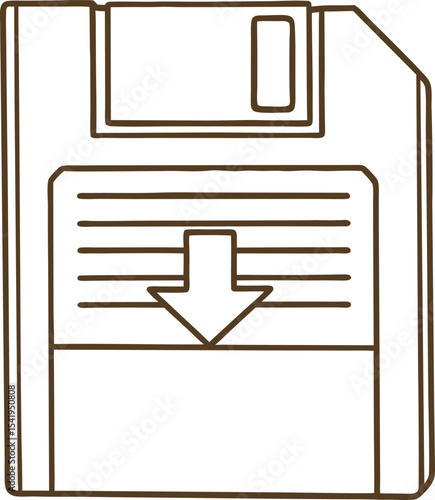 Floppy disk with downward arrow symbolizing data storage and saving files digital memory icon, line illustration