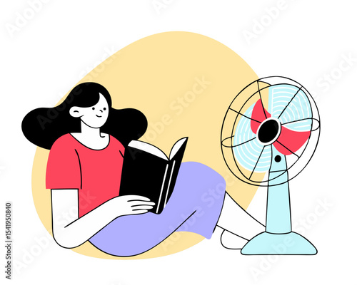 Young Woman Reading Under Fan - Relaxed Book Lover Vector Illustration (Electric Propeller Cooling Device, Isolated White Background