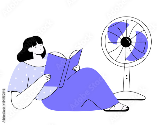 Young Woman Reading Under Fan - Relaxed Book Lover Vector Illustration (Electric Propeller Cooling Device, Isolated White Background