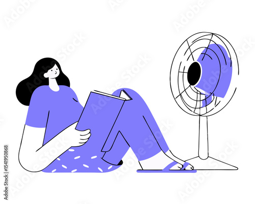 Young Woman Reading Under Fan - Relaxed Book Lover Vector Illustration (Electric Propeller Cooling Device, Isolated White Background