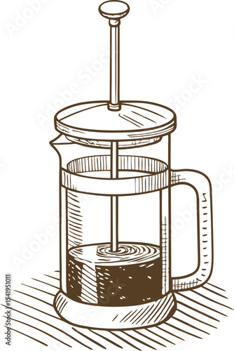 French press coffee maker sketch hand drawn brewing equipment, vintage kitchenware illustration, cafe beverage preparation