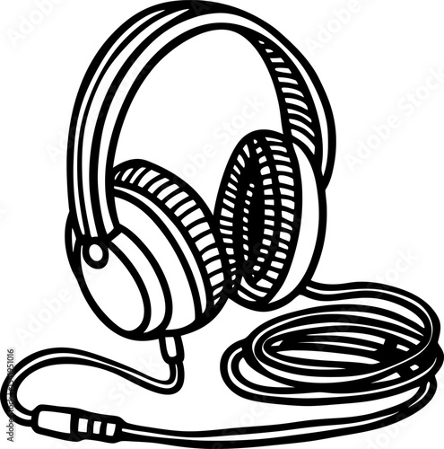 Over ear headphones with cushioned pads and long audio cable music listening device, wired stereo headset concept