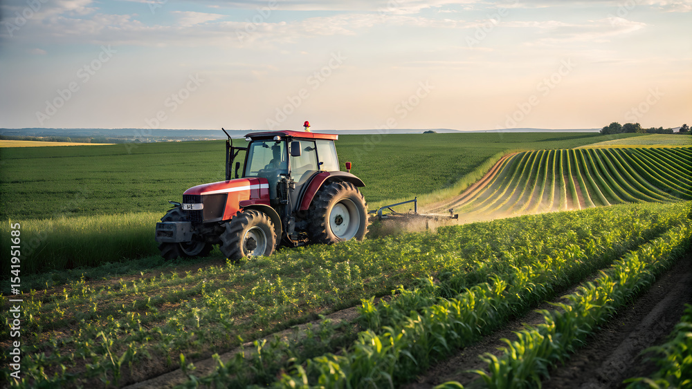 Obraz premium tractor in the field, irrigation, watering, plants harvest,
