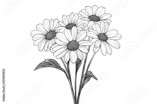 Elegant Black and White Daisy Bouquet: Botanical Line Art Illustration
