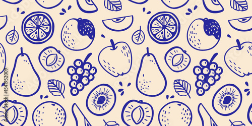 Seamless hand drawn fruit pattern in doodle line art style, apples, pears, bananas, oranges, grapes, kiwis, plums, summer fruits, simple flat blue sketch on beige background