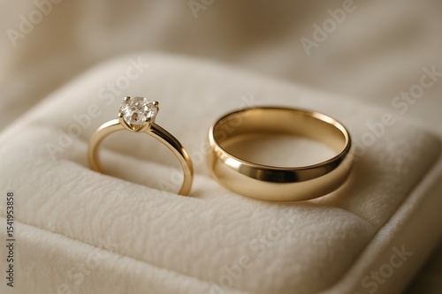 Elegant wedding rings symbolizing love, unity, and marriage, perfect for wedding invitations, romantic themes. Engagement golden rings. Wedding anniversary. 