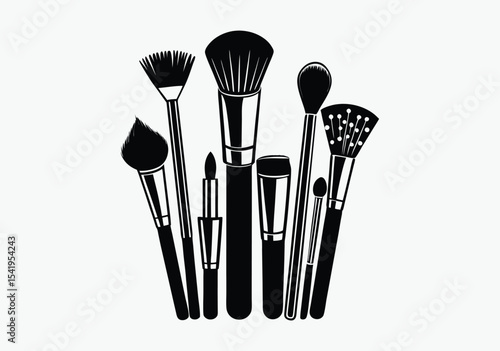 black and white brushes makeup line art silhouette, vector illustration on white background