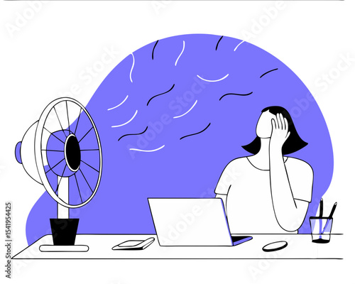 Office Worker Cooling Down - Summer Heat Vector Illustration (Woman at Desk with Fan, Laptop & Potted Plant) - Workplace Temperature Struggle