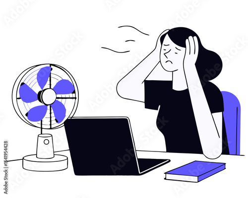 Office Worker Cooling Down - Summer Heat Vector Illustration (Woman at Desk with Fan, Laptop & Potted Plant) - Workplace Temperature Struggle