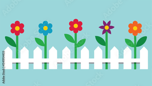 Colorful flowers blooming behind a white picket fence on a pastel blue background
