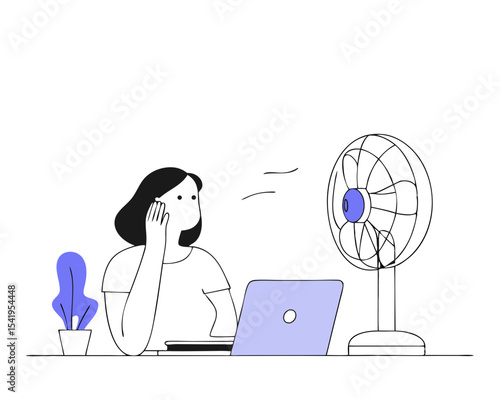 Office Worker Cooling Down - Summer Heat Vector Illustration (Woman at Desk with Fan, Laptop & Potted Plant) - Workplace Temperature Struggle