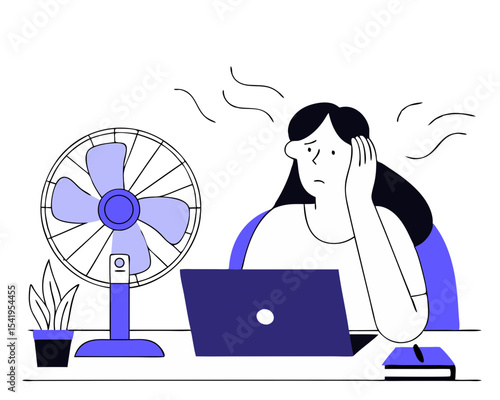 Office Worker Cooling Down - Summer Heat Vector Illustration (Woman at Desk with Fan, Laptop & Potted Plant) - Workplace Temperature Struggle