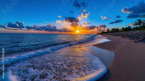 A breathtaking landscape of the sun setting and rising over the river and mountains where clouds reflect on the ocean waves at dusk along a peaceful summer beach horizon