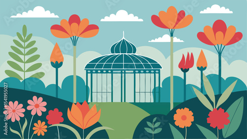 Colorful garden illustration with flowers and a greenhouse suitable for design projects