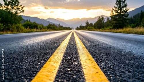 Highly detailed low angle macro photography of a wet asphalt road with bright yellow center lines, glowing in the setting sun at golden hour