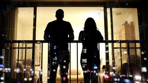 A silhouette of a couple on a balcony, enjoying a tranquil night view.