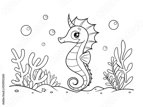 Cartoon seahorse unicorn. Black and white vector illustration for coloring book