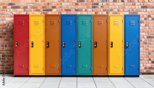Colorful row of school lockers against a brick wall, showcasing vibrant hues and textures