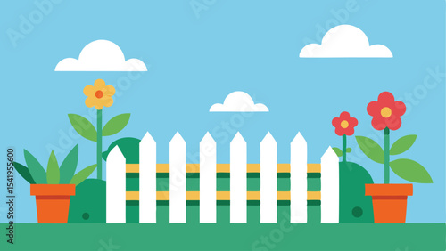 Colorful garden scene with picket fence flowers and clouds against sky