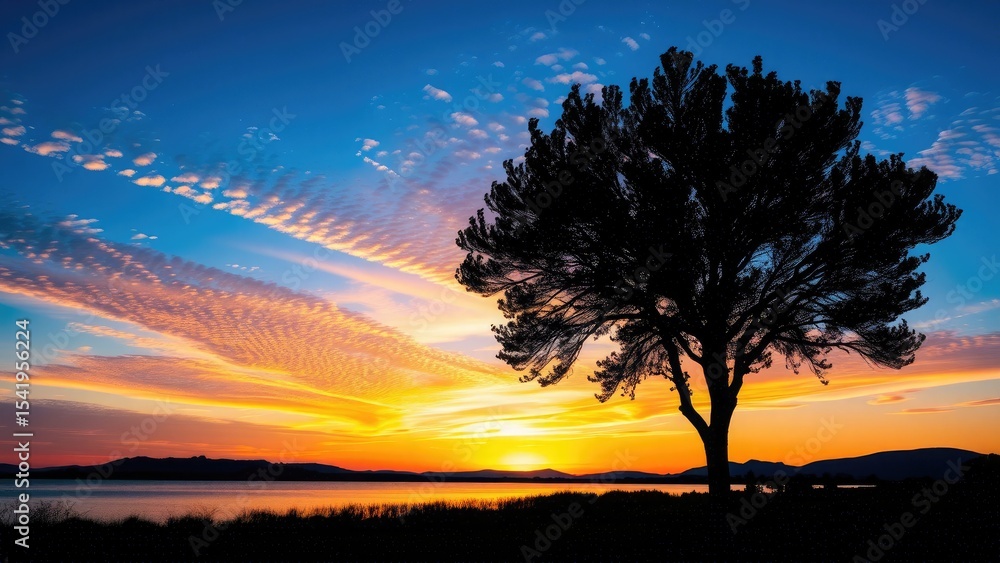 Fototapeta premium Silhouetted Tree Sunset Vibrant Orange Yellow Blue Sky Landscape