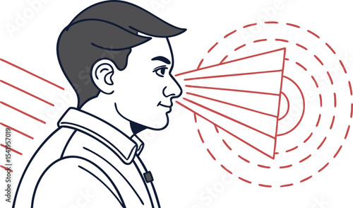 Illustration of a man with sound waves emanating from his mouth and side of his head in red lines