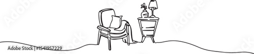 Cozy Family Room One Line Art Minimalist Continuous Line Drawing of Sofa, Drawer, and Interior Space