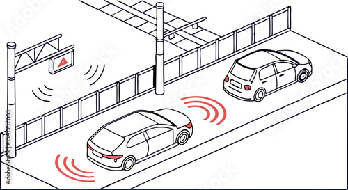 Illustration of two cars on a road with a sign overhead emitting signals and a fence in the background