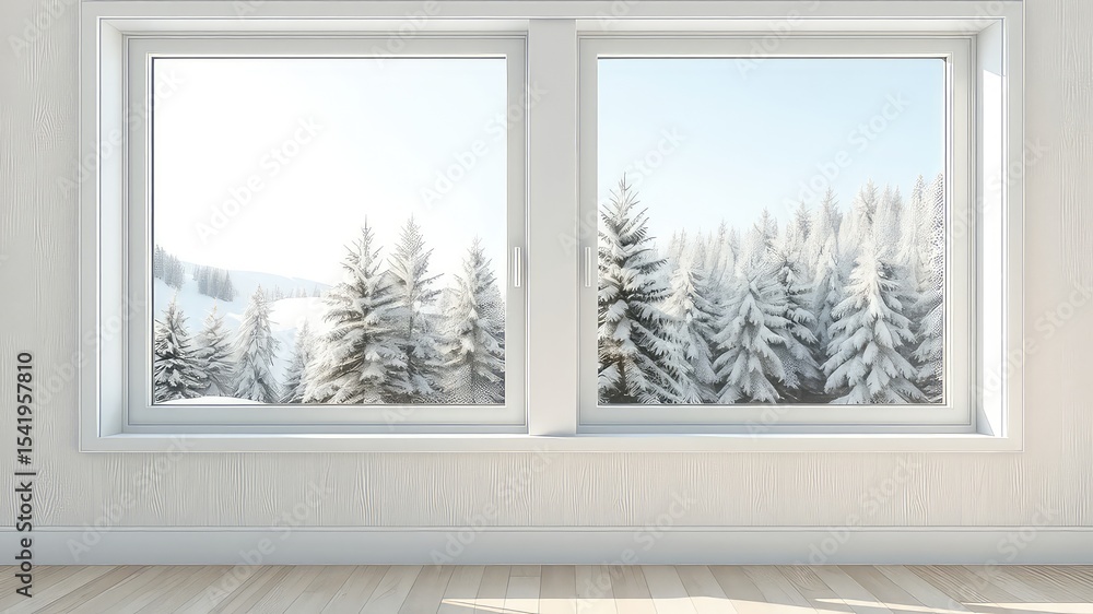 Obraz premium White Interior Wall With Double Window Displaying Snowy Mountain Landscape and Trees