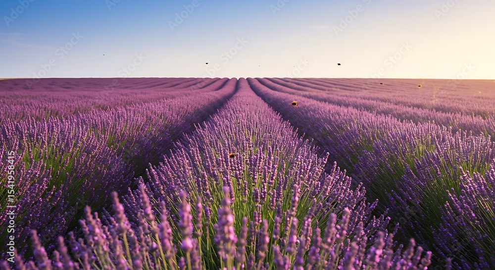Naklejka premium Serene Lavender Field at Sunrise, Rows of Purple Blossoms