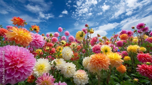 青空に映えるダリアの花畑