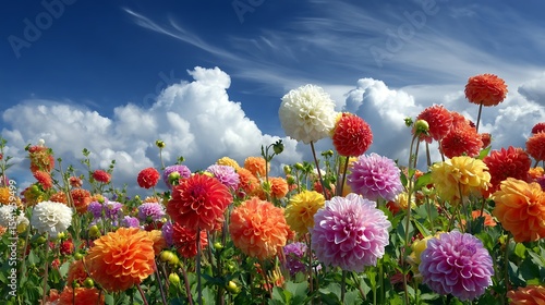 青空に映えるダリアの花畑