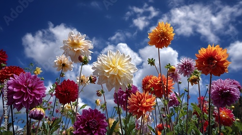 青空に映えるダリアの花畑