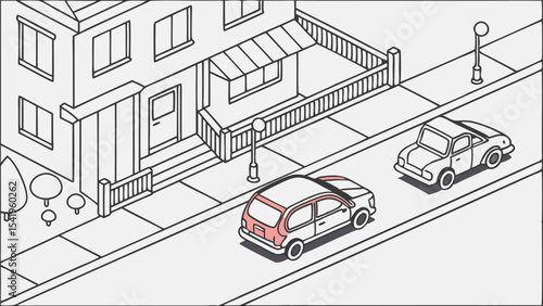 Isometric view of a house with two cars on the street and trees and streetlights in a neighborhood scene