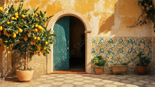 Mediterranean-style entryway with arched doorway, patterned tiles and potted lemon tree, close-up, sun-washed yellow and teal