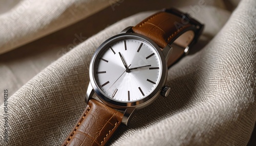 Wallpaper Mural Sleek wristwatch with tan leather band, resting on beige linen Torontodigital.ca