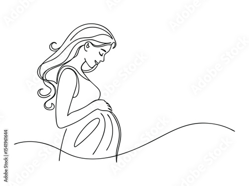 Continuous drawing line art of a pregnant woman. Hand-drawn one line