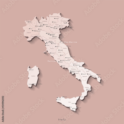 Vector modern isolated illustration. Simplified bieige administrative map of Italy. Names of capital, cities and regions. Brown background