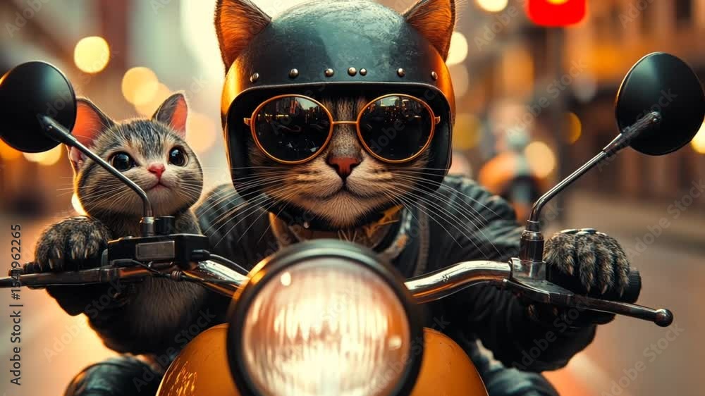 Cat Riding Goggles Two biker cats riding motorcycle through urban night street wearing ...