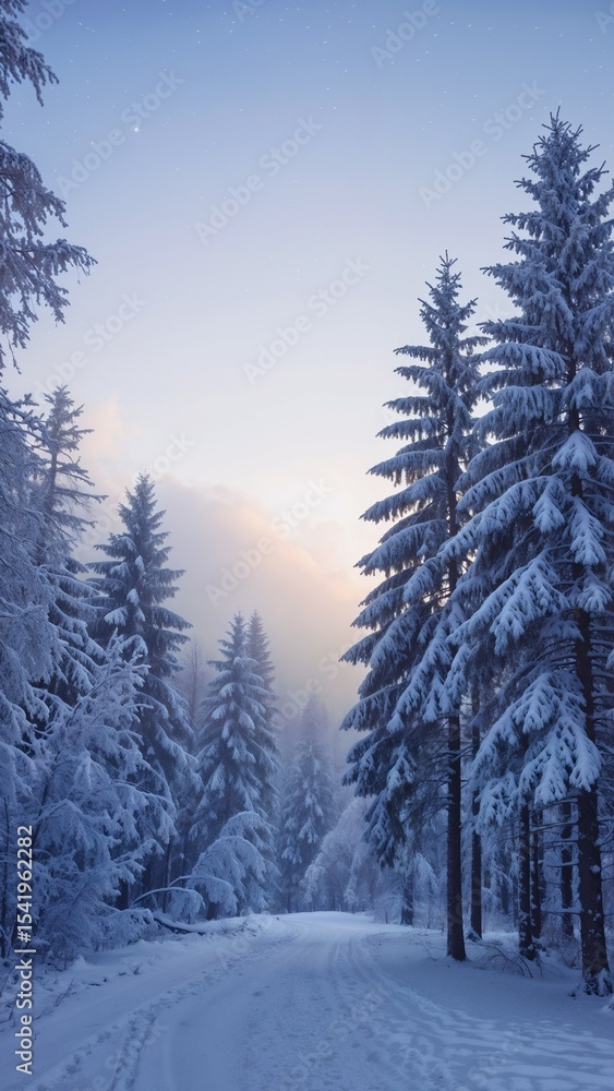 Naklejka premium Snowy landscape with tall pine trees under soft winter light