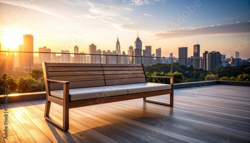 Wallpaper Mural Modern wooden bench on a rooftop terrace overlooking a vibrant city skyline at sunset Torontodigital.ca
