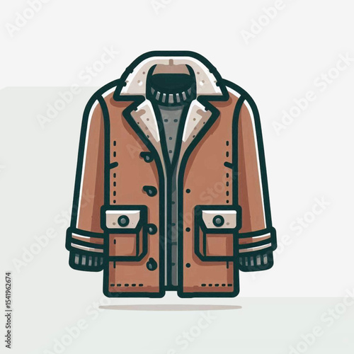 A cartoon illustration of a brown winter coat with a fur collar and two pockets