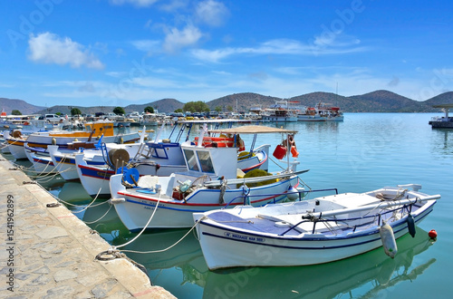  Fishing boats in marina. Elounda is a small fishing town on the northern coast of the island of Crete.