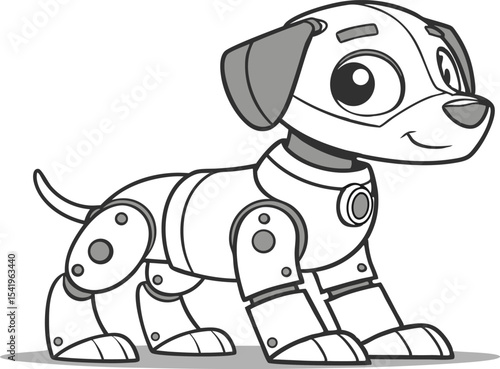 Illustration of a robotic dog with a round body and a smiling face in black and white outline style